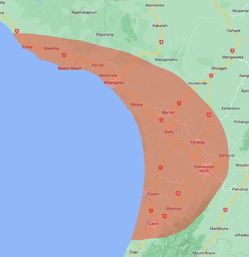 Coverage area Map of the OutaSpace Cabins delivery area, covering the lower North Island from Taranaki through Whanganui and Manawatū